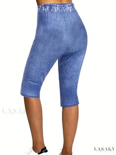 Lasaky - Introducing our Womens Sunflower and Denim Print Capris Leggings - the Perfect Choice for Casual Crop Leggings this Spring and Summer Season! Stretch Denim Short Leg Bottoms, Stretch Denim Blue Short Leg Bottoms, Stretch Denim Blue Short-leg Bottoms, Denim Blue Stretch Short Leg Bottoms, Stretch Denim Short Pants, High Waist Denim Capris For Summer, High-waist Denim Capris For Summer, High Waist Denim Blue Capris For Summer, Summer Stretch Mid-thigh Length Jeans