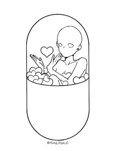 a drawing of a person in a jar filled with fruit and vegetables, surrounded by hearts