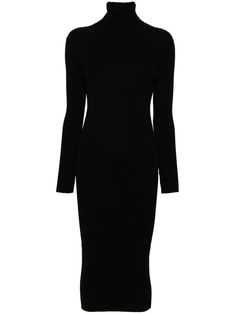 black ribbed knit cut-out detailing to the rear roll neck long sleeves long length straight hem unlined Soft Dramatic, Black Attire, Grey Maxi Dress, Womens Knit Dresses, City Dress, Ribbed Knit Dress, Maxi Dress Cotton, Ribbed Dresses, Roll Neck