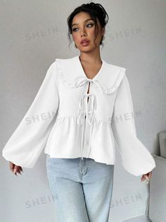 SHEIN Essnce Blusa de manga larga con cuello Peter Pan, unicolor, con lazo delantero y bajo con volantes | SHEIN USA Peter Pan Collar, Peter Pan, Ruffle Hem, Fashion Online Shop, Online Fashion, All Fashion, Men's Clothing, Latest Trends, Long Sleeve Blouse