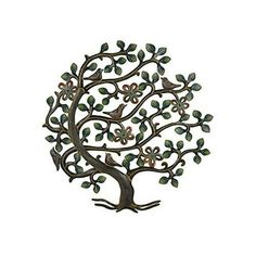 a metal tree with green leaves and birds on it's branches, sitting in front of a white background