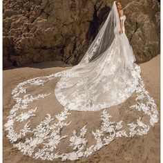 a woman in a wedding dress is standing on the beach with her veil over her head