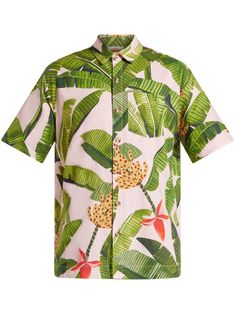 pink green linen blend all-over graphic print classic collar front button fastening short sleeves straight hem Pink Tuxedo, Leaves Shirt, Banana Leaves, Water Consumption, Tuxedo Shirts, Satin Shirt, Banana Leaf, Farm Rio, Harmful Chemicals