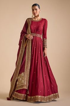 Maroon anarkali featuring sequin bead embellished borders and hemline along with sequin scatter patterns. Comes with zardozi embroidered tasselled dupatta and floral embroidered belt. - Aza Fashions Embellished Anarkali Set In Maxi Length, Embellished Anarkali Set Maxi Length, Embellished Anarkali Set For Diwali, Embellished Maxi Length Anarkali Set For Diwali, Embellished Anarkali Chanderi Kurta, Anarkali Embellished Chanderi Kurta, Embellished Floor-length Anarkali Set, Bollywood Style Embellished Maxi Anarkali Set, Embellished Anarkali Set For Festivals