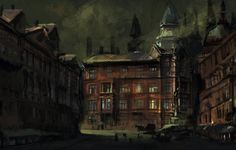 a painting of an old building in the middle of a city at night with lights on