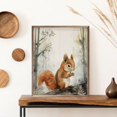 a painting of a squirrel sitting on top of a wooden shelf