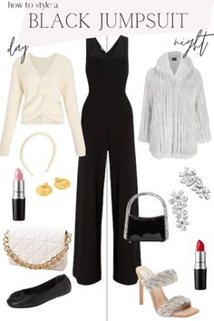 Winter Jumpsuit Outfit Classy Formal, Jumpsuits Outfit Casual, Jumpsuit For Winter Wedding Guest, From Day To Night Outfit Ideas, Jewelry For Black Jumpsuit, Black Jumpsuits For Women Classy, Strapless Jumpsuit Outfit Dressy, Black Jumpsuit Christmas Outfit, How To Accessorize A Black Jumpsuit For A Wedding