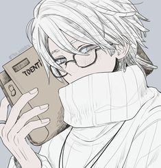 an anime character is talking on his cell phone while wearing glasses and a scarf around his neck