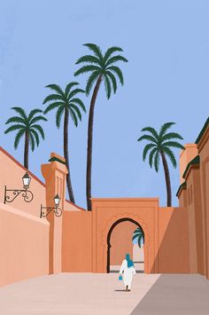 a painting of a person walking in an alley between two buildings with palm trees on either side