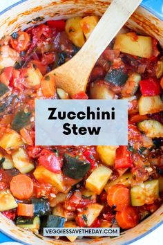 zucchini stew in a pot with a wooden spoon and title overlay that says zucchini stew