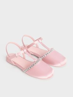 Pink Girls' Satin Gem-Embellished T-Bar Flats - CHARLES & KEITH US Spring Evening T-strap Flat Sandals, Feminine Summer Party Ballet Flats, Summer Party Closed Toe Ballet Flats, Flat Heel T-strap Sandals For Party, Summer Party Ballet Flats With Ankle Strap, Pink Closed Toe Flats For Evening, Pink Closed Toe Evening Flats, Pink Ballet Flats For Summer Party, Feminine Evening Closed Toe Flats