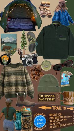 there is a collage of items that include clothing, hats, and other things