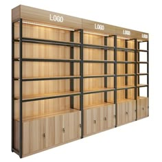 three wooden shelving units with black metal bars on the sides and wood shelves below