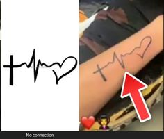 two pictures one has a heart and the other has a heartbeat tattoo on it's arm