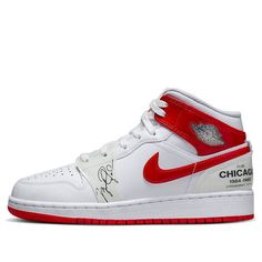 The Air Jordan 1 Mid 'Rookie Season' is a stylish sneaker for kids, featuring a simple white leather upper with glossy red overlays on the ankle collar and Swoosh logo. The forefoot features a rainbow-colored wing pattern. The sneaker also has several layers of semi-transparent TPU overlays on the forefoot, heel, and tongue, each with a unique design. On the forefoot, you'll notice Michael Jordan's John Hancock signature, while the heel details Michael's draft night stats and his selection of the Chicago Bulls. This sneaker is perfect for everyday wear and is ideal for any basketball fan. (AJ1/SNKR/Retro/Mid Top/Basketball) Casual High-top Jordan Shoes For Sports Events, White Custom Sneakers For Sports Events, Custom White Sneakers For Sports Events, White Jordan Shoes With Round Toe For Sports Events, High-top White Sneakers For Sports Events, White High-top Sneakers For Sports Events, Jordan 1 Mid Chicago, Shoes Game, Wing Pattern