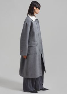 Color: Grey Midweight woven fabric Regular fit Pointed collar with contrast detailing Drop shoulders Front flap pockets Button cuffs Concealed front zip closure Front button closure Lined 35% Acrylic 35% Polyester 30% Wool Dry Clean Imported The Frankie Shop, Frankie Shop, Flap Pocket, Drop Shoulder, Woven Fabric, Sleeve Length, Wool, Collar, Grey