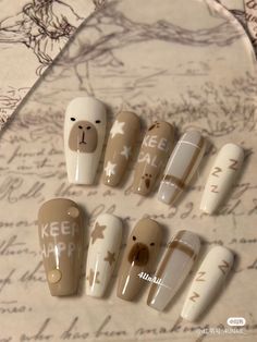 Neutral Nails Cute, Capybara Nails Design, Capybara Nail Art, Capybara Nails, Kutek Disney, Bears Nails, Fake Nails Designs, Hello Nails, Asian Nails