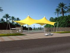 an artist's rendering of a yellow tent set up on the side of a road