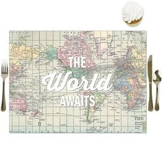 the world awaits placemat with fork, knife and cupcake