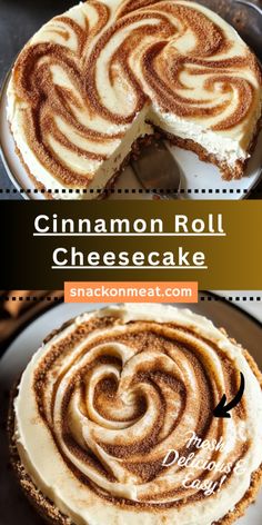 a cheesecake with cinnamon roll toppings on top is shown in three different pictures