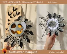 two pictures of paper flowers with scissors in the middle one is cut out to look like an elephant and the other has spider webs on it