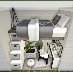 a small bedroom with a loft bed and desk