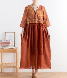 Patchwork Long Linen Women Spring Dresses Casual Loose Maxi Dress For Summer, Casual Loose Summer Maxi Dress, Comfortable V-neck Dress For Spring, Loose Cotton Summer Dress, Summer Loose Cotton Dress, Flowy Loose Casual Dresses, Casual Flowy Loose Dress, Casual Loose Free-size Dresses, Casual Loose Free Size Dresses