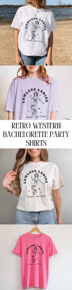 three different t - shirts with the words retro western bachelor party on them