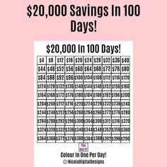 a pink poster with the words $ 20, 000 savings in 100 days