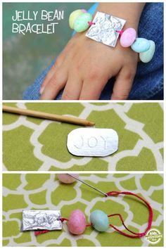 three different pictures showing how to make bead bracelets with the words jelly bean bracelet