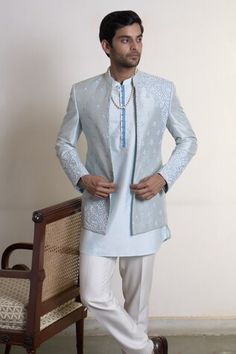 Sky blue raw silk front open bandhgala with flower embroidered buttis. Paired with an inner kurta with lace work placket and straight pant. - Aza Fashions Silk Embroidery, Full Sleeves, Pant Set, Raw Silk, Straight Pants, Aza Fashion, Embroidered Flowers, Full Sleeve, Front Open