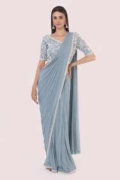 Shop for Onaya Blue Lycra Pleated Pre-draped Saree With Floral Lace Blouse for Women Online at Aza Fashions Pre Pleated Saree, Pleated Saree, Women Lace Blouse, Floral Lace Blouse, Lace Saree, Net Saree, Drape Saree, Blue Saree, Indian Fashion Designers