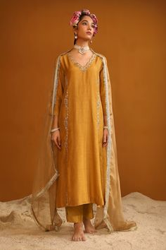 Gold kurta with zari thread embroidered floral jaal motifs and sequin embellishments. Comes with embroidered border pant and kinari embellished dupatta. - Aza Fashions Embroidered Border, Kurta With Pants, Floral Vine, Silk Organza, Pants Pattern, Pant Set, Set For Women, Aza Fashion, Pure Silk