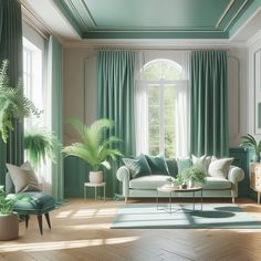 a living room filled with furniture and green curtains