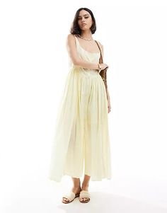 ASOS DESIGN voile picnic midi sundress in lemon | ASOS Summer Midi Sundress For Daywear, Summer Maxi Length Sundress For Daywear, Summer Maxi Sundress For Daywear, Summer Midi Dress With Spaghetti Straps For Daywear, Summer Midi Sundress For Daytime, Summer Yellow Cotton Maxi Dress, Breezy Sleeveless Midi Dress For Daywear, Yellow Summer Midi Dress For Daywear, Knee-length Summer Maxi Dress For Daywear