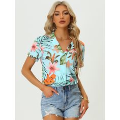 A great shirt to be paired with shorts or jeans. Enjoy the summer with the help of the Hawaiian leaf-printed shirt. Lend a touch of charm to your new season wardrobe with this shirt. Whether on carnivals, festivals, vacations, on the beach, or even at a theme party, you will certainly receive many compliments. Suitable for wearing to the beach. Spring V-neck Hawaiian Shirt, Casual V-neck Hawaiian Shirt For Spring, Light Blue V-neck Summer Shirt, Spring Hawaiian V-neck Shirt, V-neck Hawaiian Shirt For Spring, Tropical Summer Tops With Button Closure, Summer Tropical Tops With Button Closure, Summer Light Blue Collared Camp Shirt, Light Blue Collared Camp Shirt For Summer