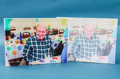 an old man sitting at a table in front of two pictures on the same page