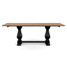 a wooden table with two black legs and an oak top, against a white background