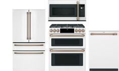 an assortment of kitchen appliances including stoves, refrigerator and oven with gold handles on white background