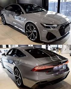 two different views of the same car on display in a showroom, one is gray and