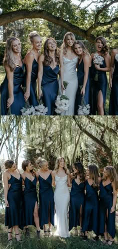 the bride and her bridesmaids are posing for pictures in front of some trees