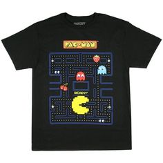 Pac Man Men's Pacman Blinky Pinky Inky And Clyde Character T-Shirt Pac-Man is one of the true classic video games. Namco released the one-of-a-kind arcade game in 1980 and Atari brought it into our house in 1982. This tee features Pac-Man ready to eat a power pellet with the 4 ghosts, Blinky, Pinky, Inky, and Clyde close behind! This top is made of a soft 100% cotton. LOOK FOR THE PAC-MAN LOGO INSIDE SHIRT UNDER COLLAR for authenticity's sake. Size: XL.  Color: Black.  Gender: male.  Age Group: Pac Man Ghost Tshirt, Pac Man Cricut, Pacman Cricut, Pac Man Birthday Tshirt, Classic Video Games, Tops Graphic, Man Logo, Pac Man, Arcade Game