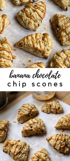 banana chocolate chip scones with caramel drizzle on top and in the background