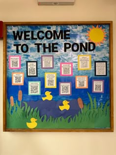 a welcome to the pond bulletin board with ducks and ducklings on it's side