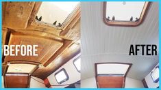 before and after shots of an old mobile home's interior, including the windows