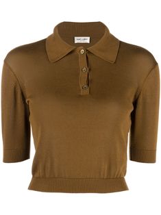 brown cotton piqué weave spread collar front button placket short sleeves ribbed hem cropped Knitted Tops, Cotton Polo Shirt, Cotton Polo, Button Placket, Saint Laurent, Fashion Branding, Polo Shirt, Short Sleeves, Womens Tops