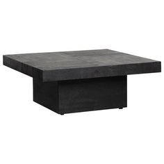 the square table is made out of wood and has a black base with an open end