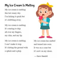 Summer Poems For Kids, Summer Poetry, Ice Cream Songs For Toddlers, Poem About Summer, Funny Kids Poems, Simple Poems For Kids, English Poems For Children