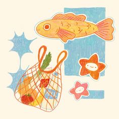 a drawing of a fish in a bag with fruit on the bottom and another fish next to it