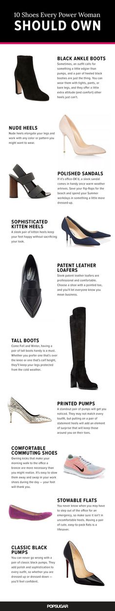 These 10 pairs are the essentials in your work wardrobe: think everything from classic pumps to lust-worthy loafers. Whether you're new to the business world or you're rising through the ranks, these are the shoes that deserve a space in your closet. Kasut Tumit Tinggi, Power Woman, Fashion Terms, Chique Outfits, Fashion Vocabulary, Tall Leather Boots, Boot Print, Classic Pumps, Fashion Hacks Clothes